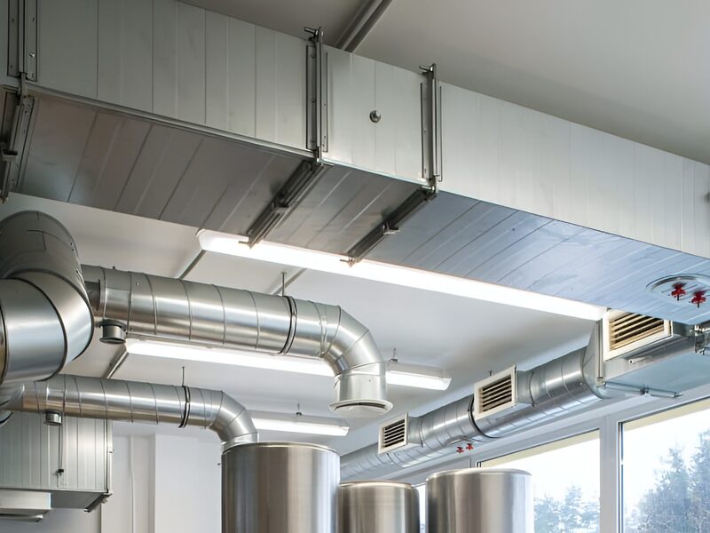Installed overhead air conditioning ductwork and diffusers